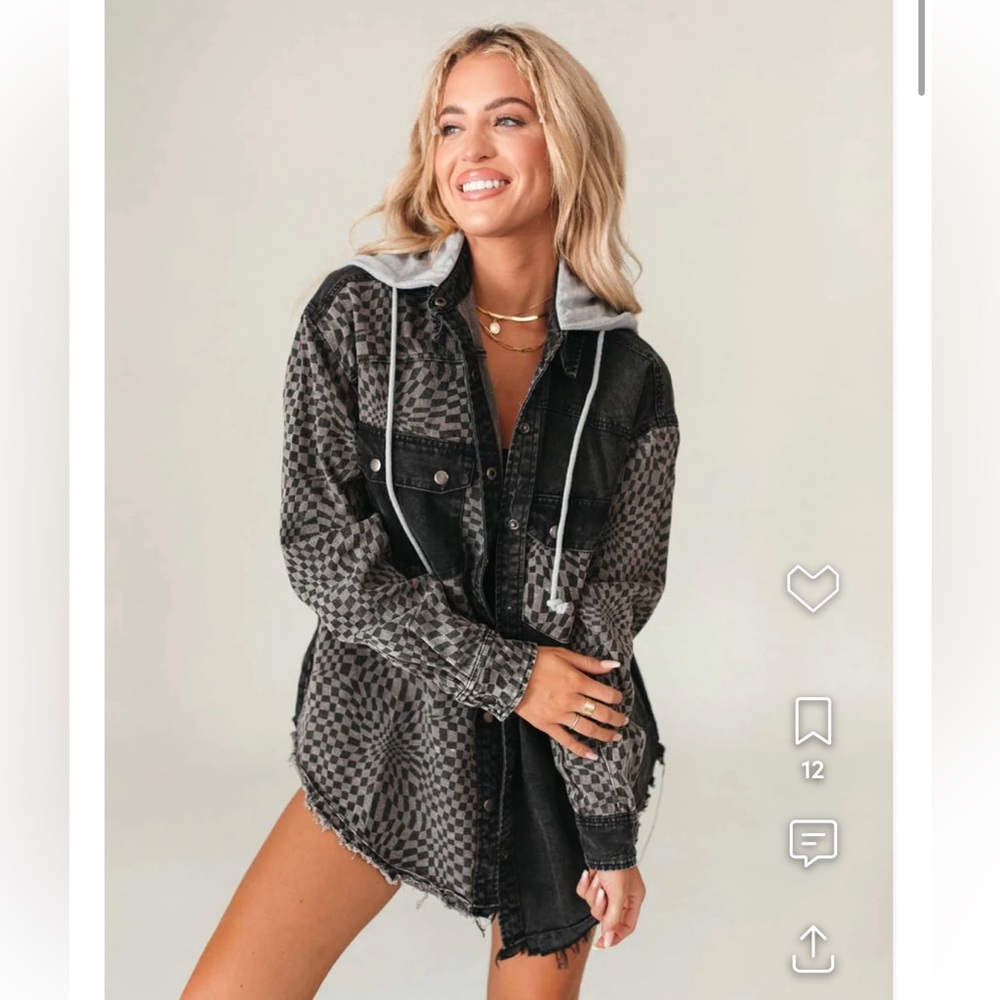 Women's Black and Gray Checkered Hooded Shacket Jacket - Size: M
